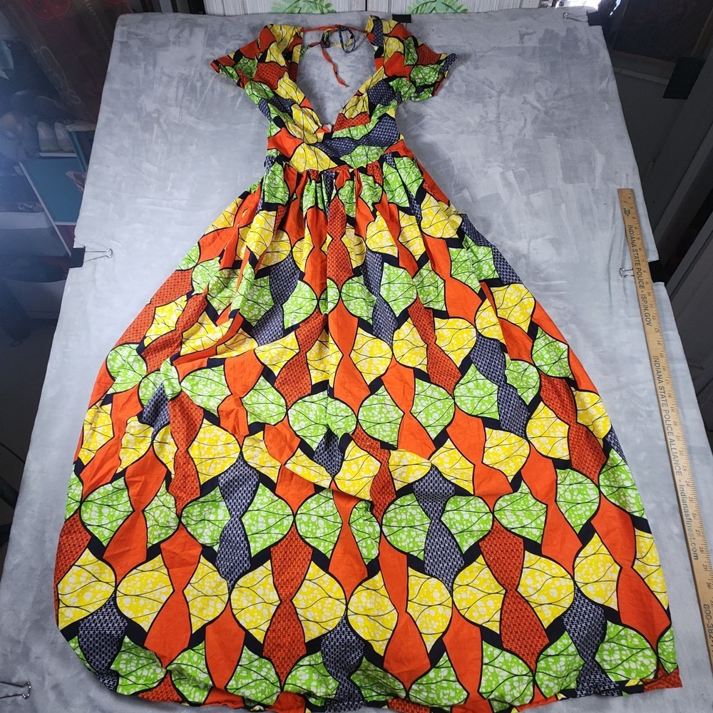 GRASS-FIELDS AFRICAN PRINT Smocked MAXI DRESS US SIZE M Boho‎ Festival Colorful
